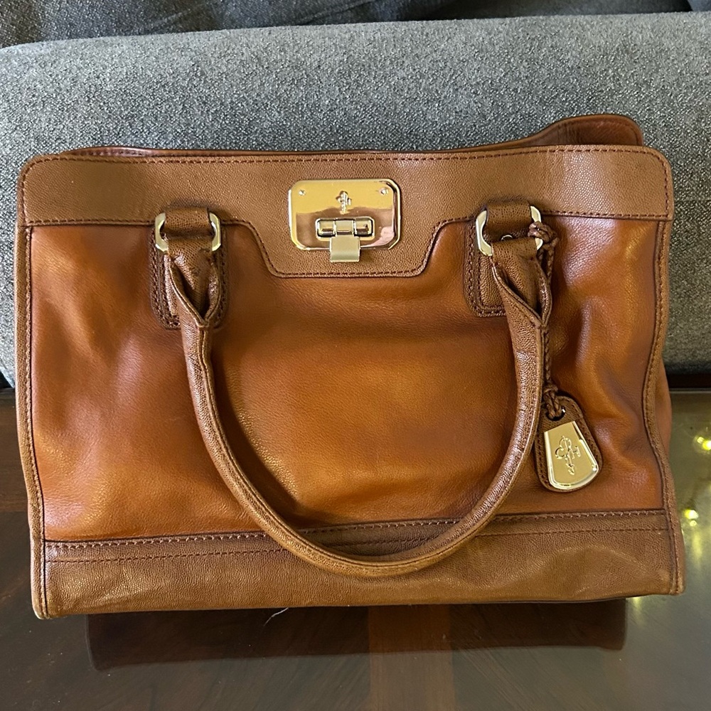 Cole Haan | Vintage Valise Kendra E/W Tote Brown Leather Vibrant Orange Lining - Picture 14 of 16
